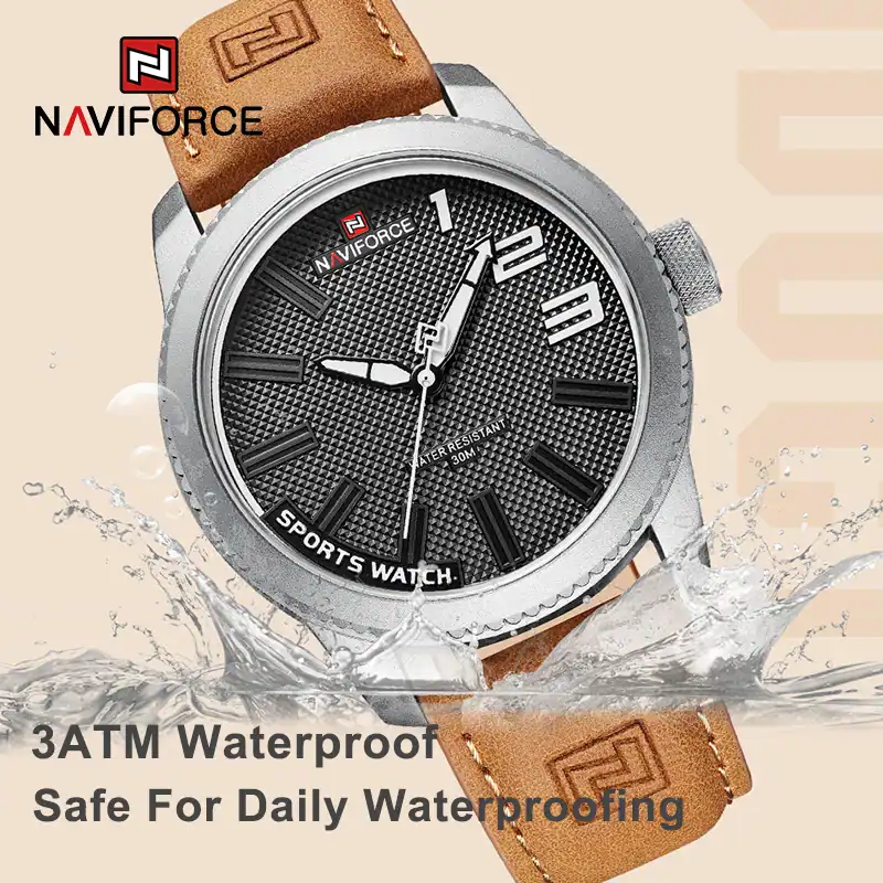 Orologio sportivo Naviforce impermeabile 3ATM, resistente all'acqua quotidiana, con cinturino in pelle marrone e quadrante nero, ideale per uno stile casual e attivo.