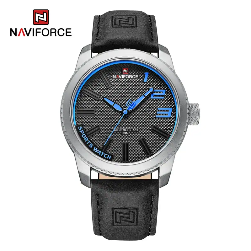 Orologio sportivo Naviforce con cinturino in pelle nero, quadrante nero con dettagli blu, resistente all'acqua, perfetto per uomo e donna, stile elegante e pratico.