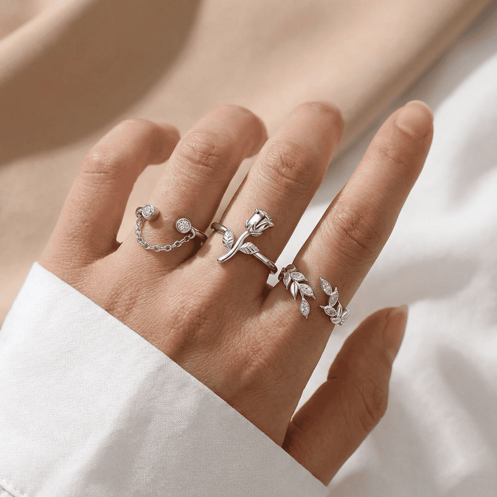 Anello con design floreale e pietre brillanti, gioielli eleganti e raffinati per ogni occasione.